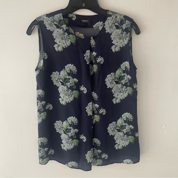 Theory Calveer Navy Blue Sleeveless Hydrangea 100% Silk Blouse 37278 - Picture 1 of 9